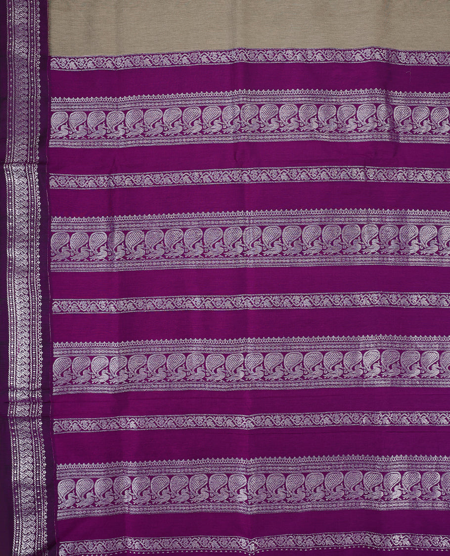 Grey colour mixed Kalyani cotton saree featuring Plain body, paired with a purple colour traditional border and pallu, with matching blouse