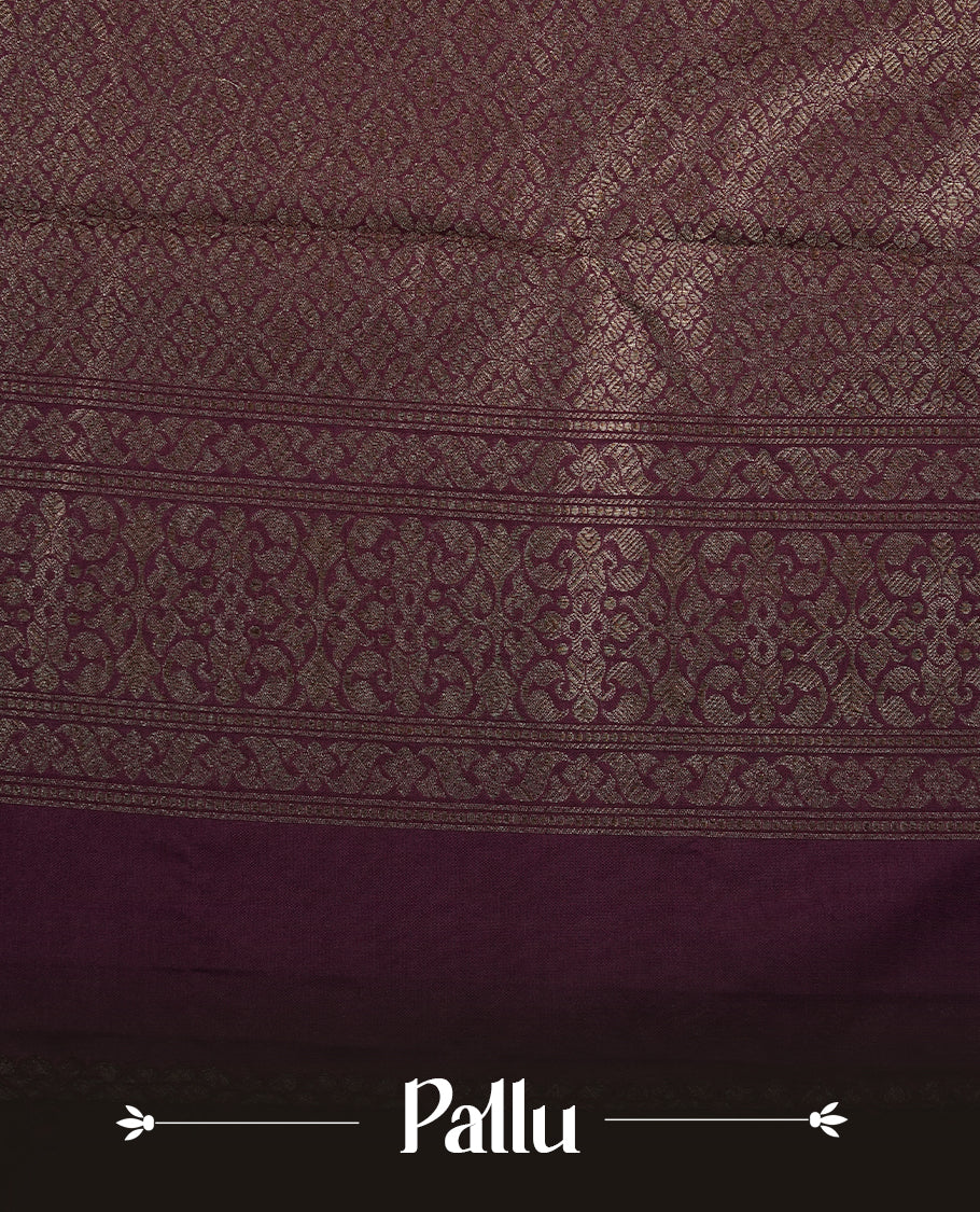 Wine Colour Semi Banarasi Katan Silk Saree with Gold Zari Buti Motifs, Traditional Gold Floral Pallu, Elaborate Woven Border, Decorative Tassels with Matching Blouse