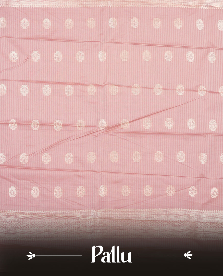 Dusty pink colour Semi Silk Saree with silver zari striped patterns on the body, paired with a Self coloured traditional pallu and border, and a matching blouse piece.