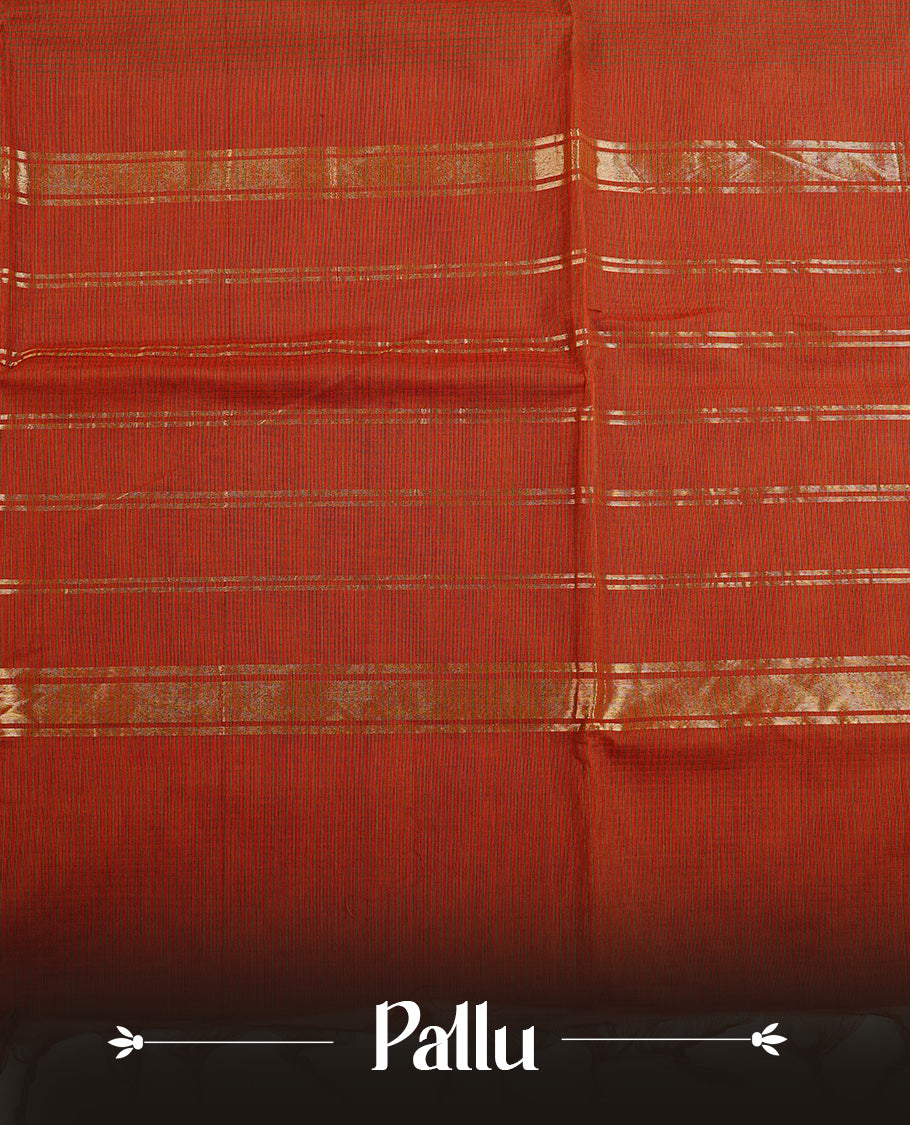Mustard colour chettinad cotton saree featuring Brown Check Patterns On body, complemented by Contrast Brown Colour With Peacock & Chakra Gold Zari border, paired with matching blouse piece.