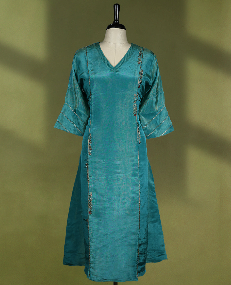 Dark Aqua coloured stylish kurthi without slit, featuring a V neck design adorned with intricate cut bead, sequin, and thread work, for women