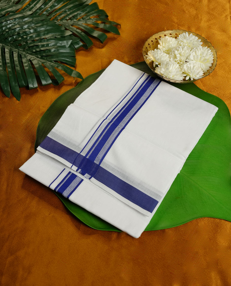 White Colour MINISTER WHITE Pure Cotton double Dhoti with Dark blue Colour Border for Men