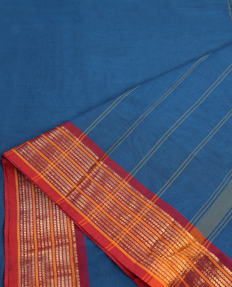 Blue Colour Mixed Chettinad Cotton Saree having plain Body with Ganga Jamuna Border and Self Coloured Blouse