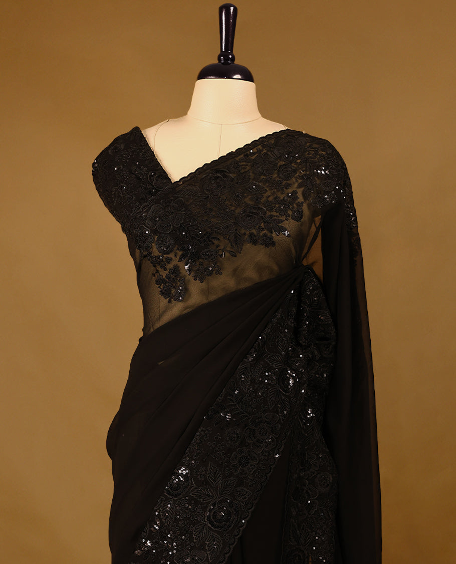 Black Colour Designer Saree having Sequence and Thread Worked Body with Worked Border and Blouse