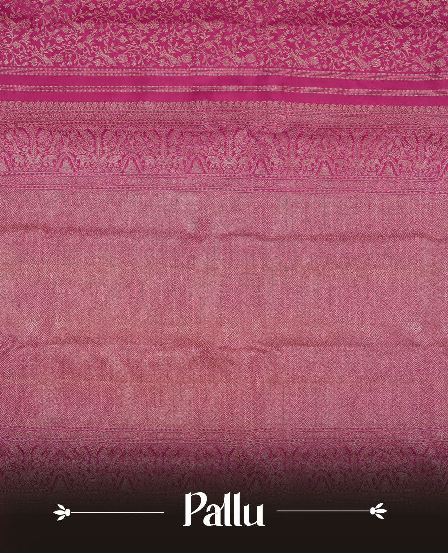 Magenta colour Kanchipuram pattern Manthrakodi saree featuring floral and peacock antique zari jacquard designs, traditional golden zari border and plain blouse piece with border.