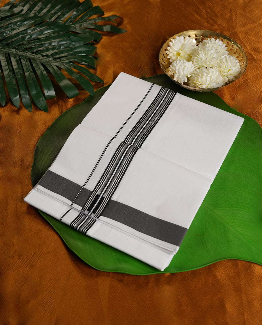 White Colour RAMRAJ Pure Cotton single Dhoti with Black and Silver Colour Border for Men
