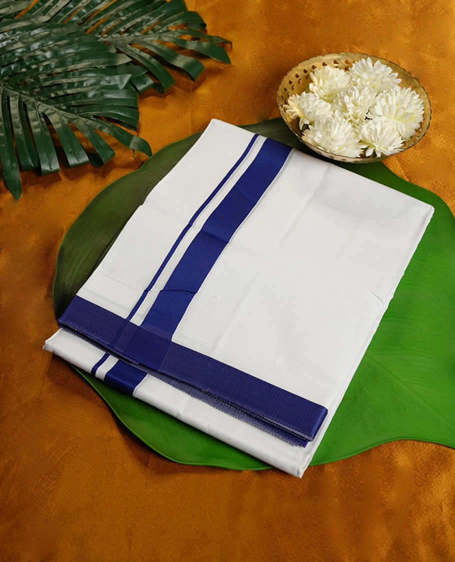 White Colour MCR Pure Cotton double Dhoti with Blue Colour Border for Men