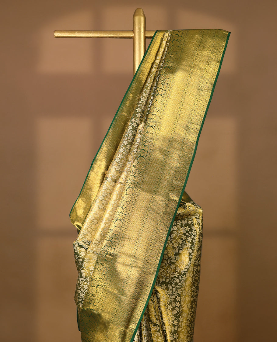 Green Colour Pure Tissue Wedding Saree having Zari Jaal Body with Dark Green Brocade Border and Blouse