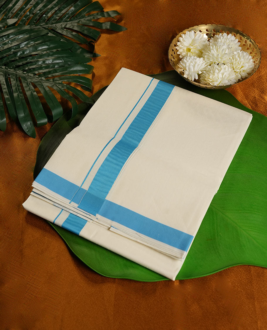 Cream Colour Pure Cotton single Dhoti with blue Colour Border for Men