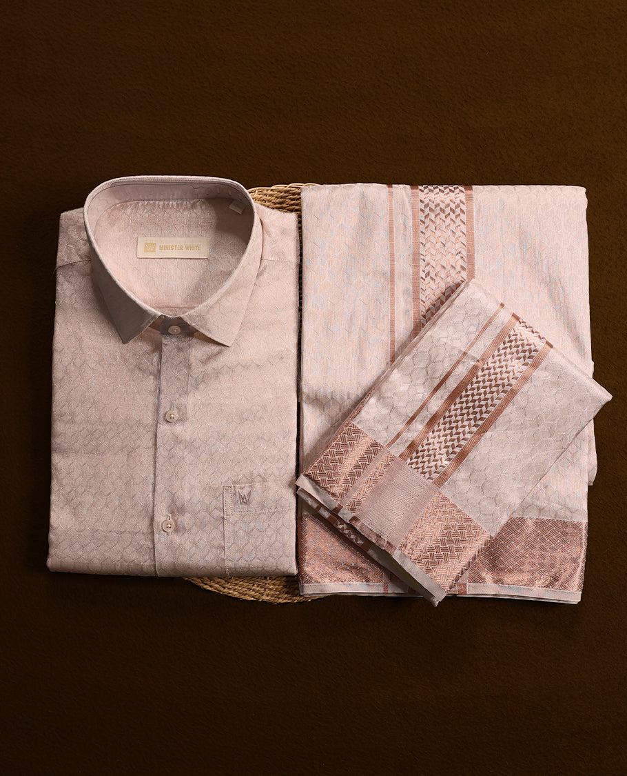 Light Copper Colour silk wedding shirt, dhoti and towel set from MINISTER WHITE made from premium fabric and featuring rich zari detailing