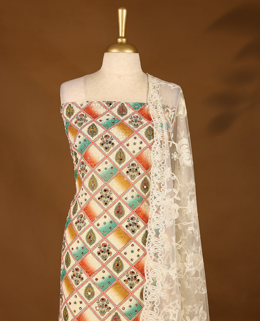 Cream Colour, Mirror Worked Top having Multi Colour Prints & Dark Red Border with Bottom and Thread Worked Dupatta