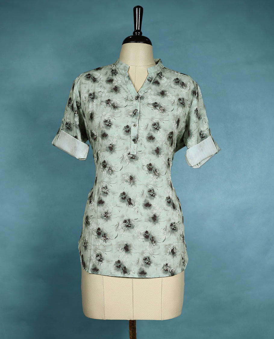 Pastel Sage Green Colour Floral Printed Mandarin Collar Short Sleeve Top for Women.