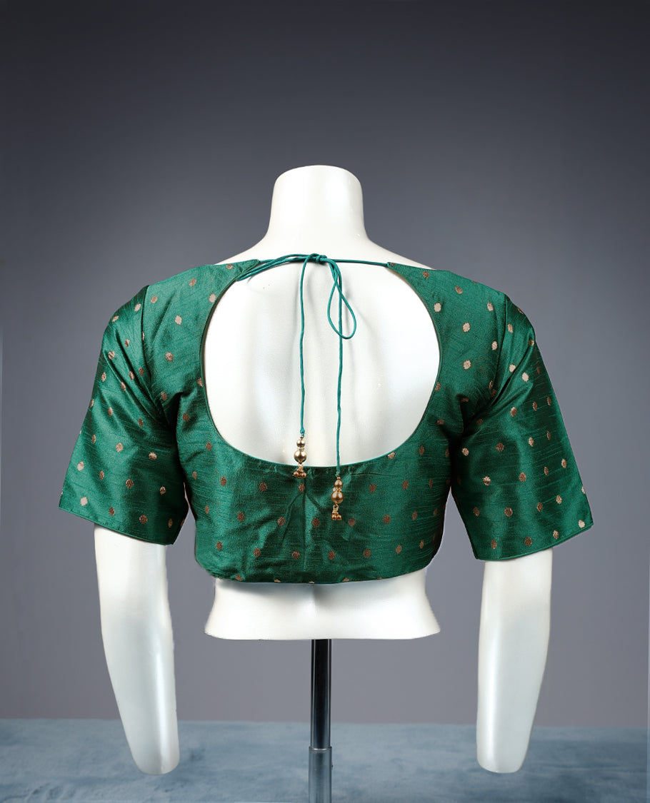 Green Colour Golden Round Motifs, Round Neck, 2/4th Sleeves, Padded, Ready Made Blouse.