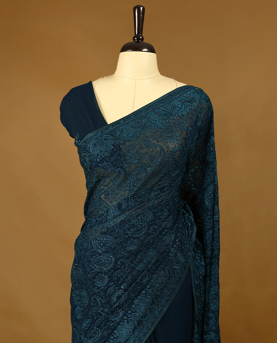 Dark Peacock Blue Colour Designer Saree having Stone and Thread Worked Body with Worked Border and Blouse