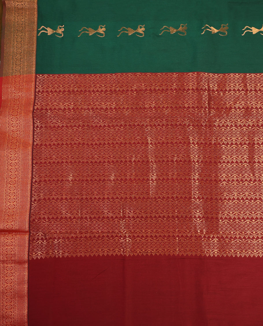Bottle Green and Maroon Kalyani cotton saree featuring elegant dancing figure motifs on the body, complemented with a richly woven zari border and pallu in maroon, paired with a matching blouse.