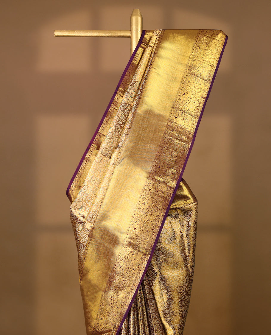 Golden Colour Pure Tissue Wedding Saree having Zari Jaal Body with Dark Grape Brocade Border and Blouse