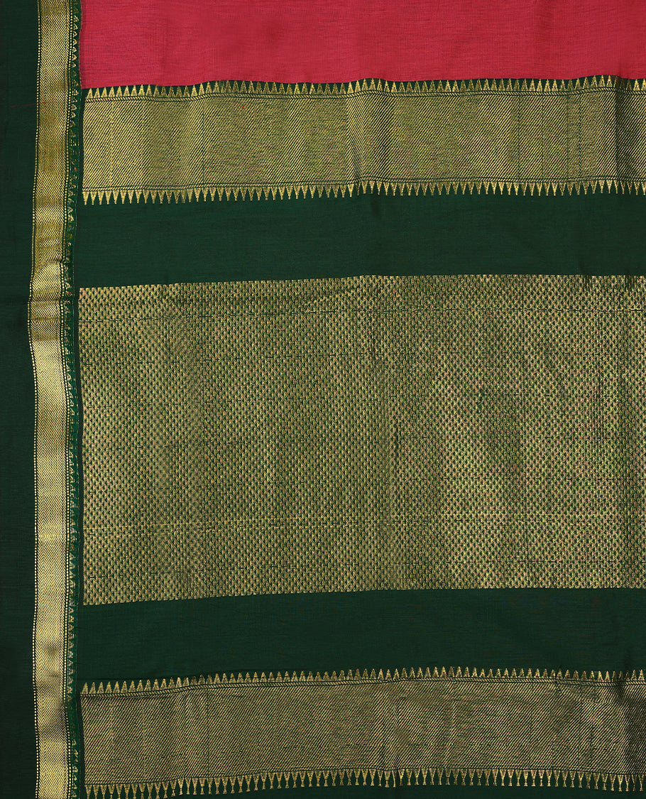 Hibiscus colour mixed Kalyani cotton saree featuring Plain body, paired with Deep Green colour traditional border and pallu, with matching blouse