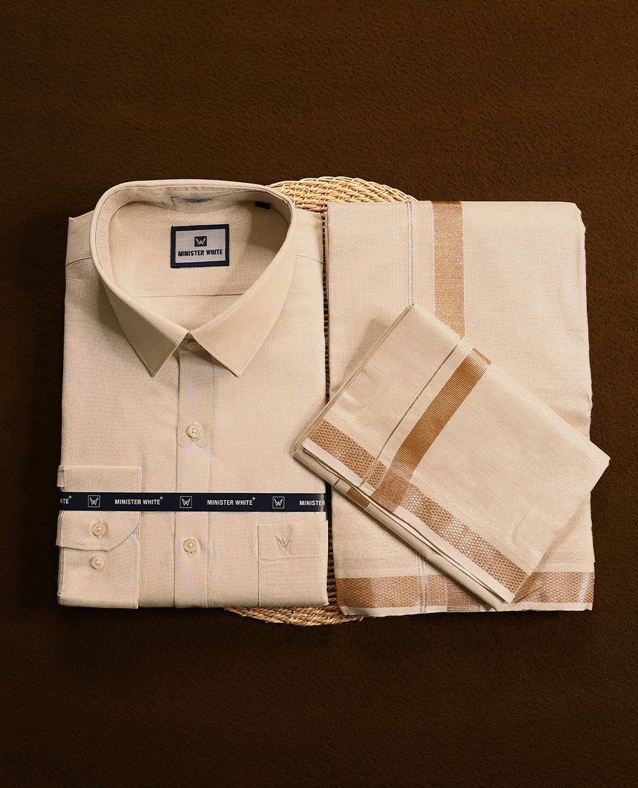 Light copper tissue wedding shirt and dhoti set from MINISTER WHITE, adorned with a matching copper zari border.