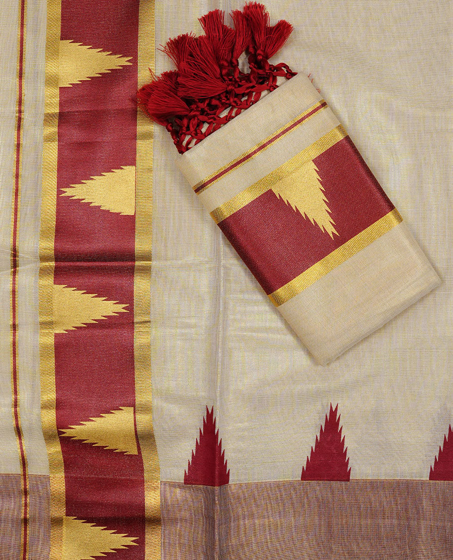 Golden colour Tissue silk set mundu features a plain body accented by a Red & gold temple zari border.