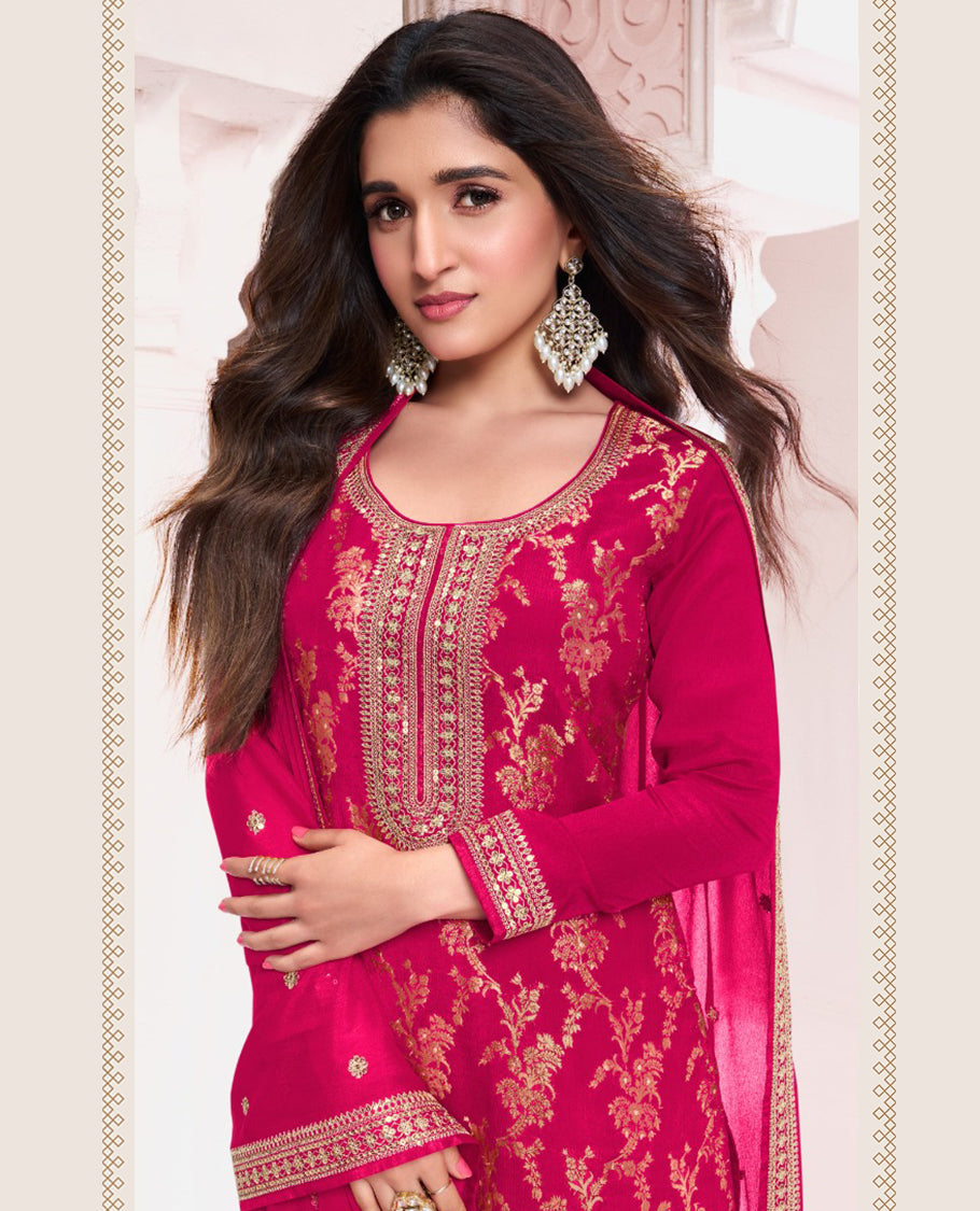 Rani Pink Chinon jacquard top, paired with an embroidered Santoon bottom and matching embroidered Chinon dupatta