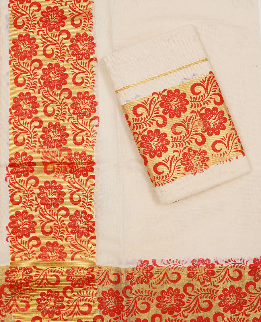 Off white colour Cotton Set Mund featuring a plain body, enhanced by a red floral printed border with gold detailing.