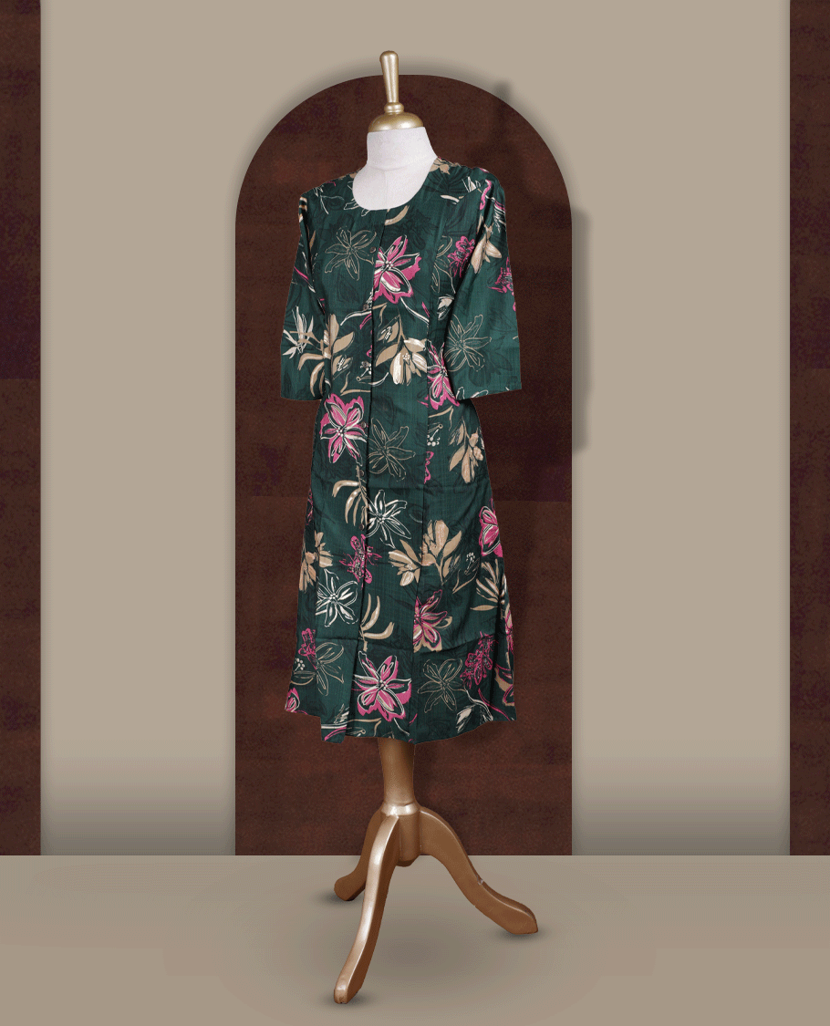 Dark green colour kurthi featuring boldpink,beige,light golden colour floral prints, a round neckline with front button detailing, and comfortable 3/4th sleeves & Designed in a flattering A line silhouette.