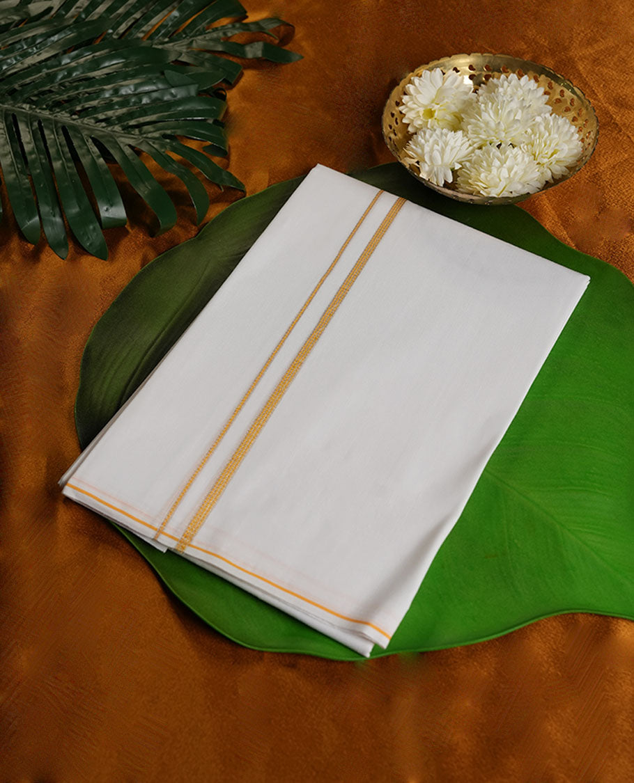 White Colour Minister White Pure Cotton single Dhoti with Gold and yellow Colour Border for Men