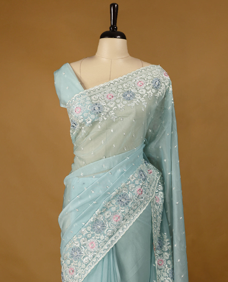 Baby Blue Colour Organza Designer Saree having Thread and Sequence Worked Body with Border and Blouse