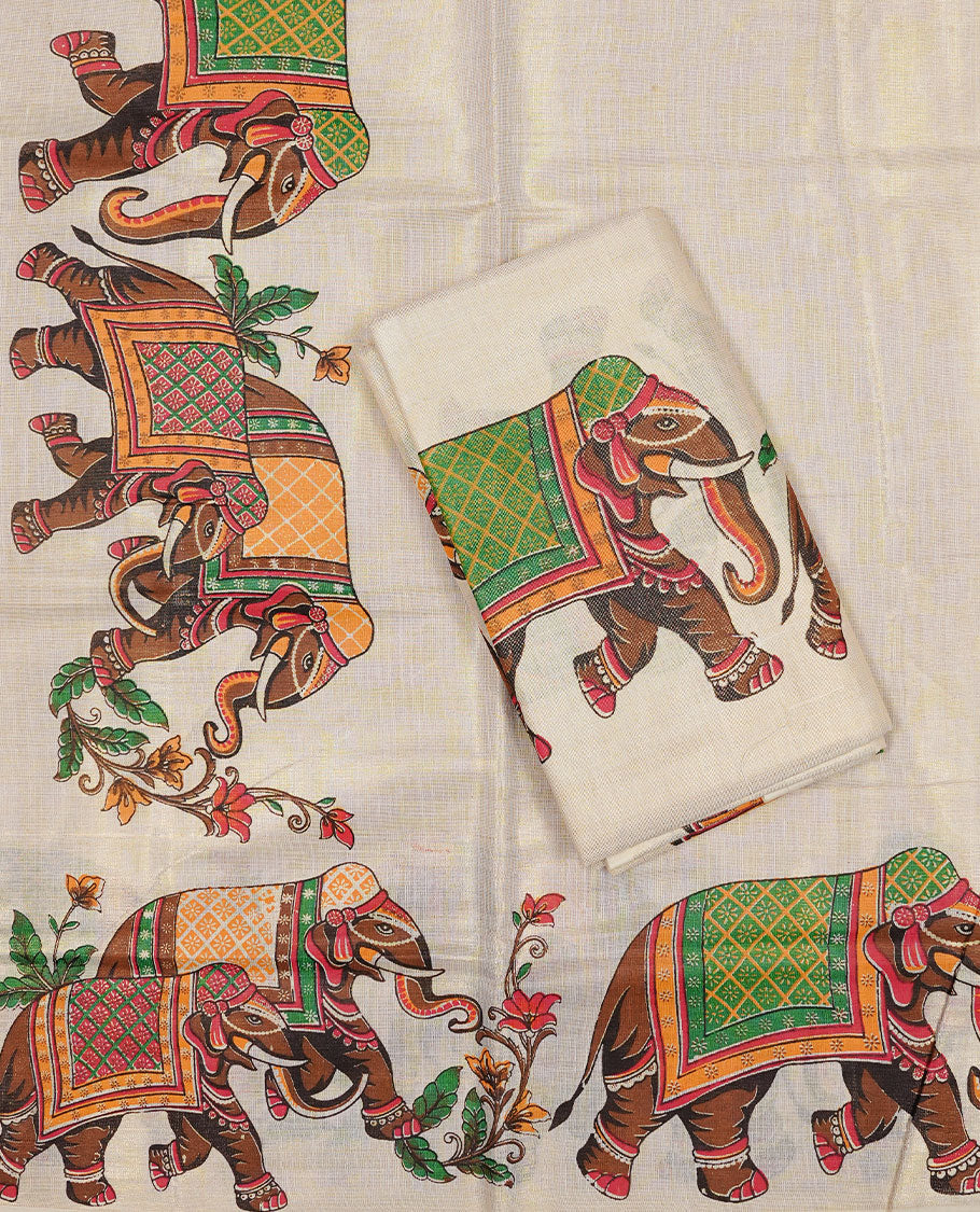 Golden colour Tissue silk set mundu features a plain body accented by a Elephant print border.