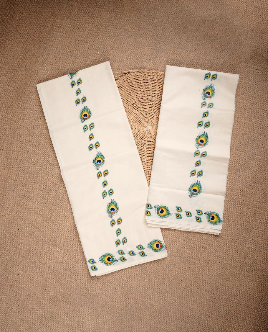 Cream colour cotton set mundu highlighting Peacock leaf printed border.