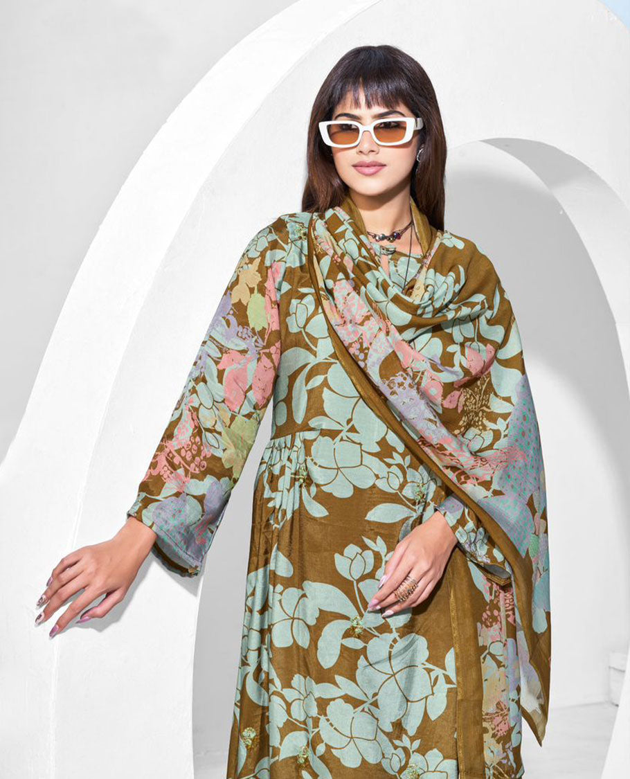 Olive green colour pure muslin suit set featuring aqua blue digital floral printed top featuring sequin butti embroidery and a scalloped floral embroidered border, paired with a dyed pure viscose muslin bottom and a digital printed dupatta.
