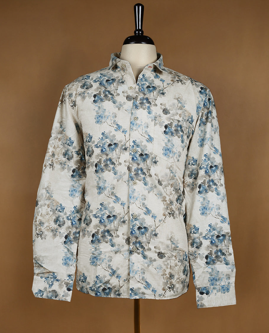 Beige with Blue Colour Floral Printed OCTANE Full Sleeve Slim Fit Shirt for Men
