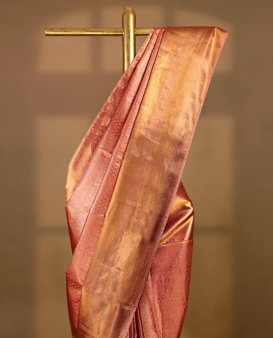 Golden Pink Colour Tissue Silk Saree having Zari Worked Body with Contrast Border and Self Coloured Blouse
