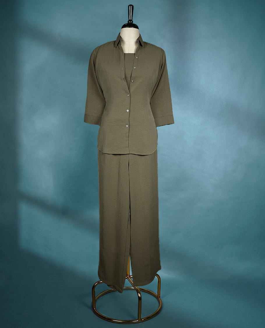 Pastel olive coloured plain classic formal co-ord set for women
