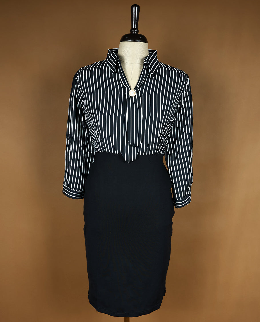 Black with White Stripes Readymade Top For Women with 3/4 Sleeves