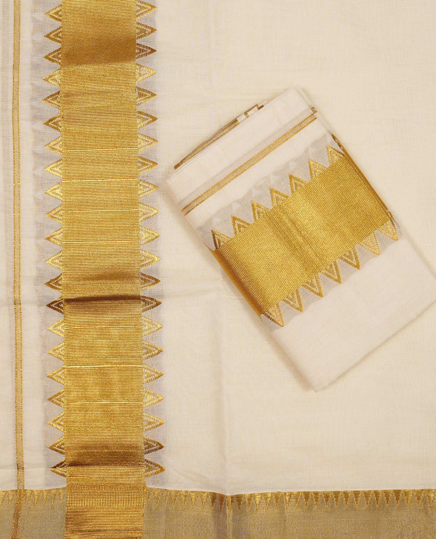 Off white colour Cotton Set Mund featuring a plain body, enhanced by a broad traditional gold zari kasavu border with temple pattern detailing.