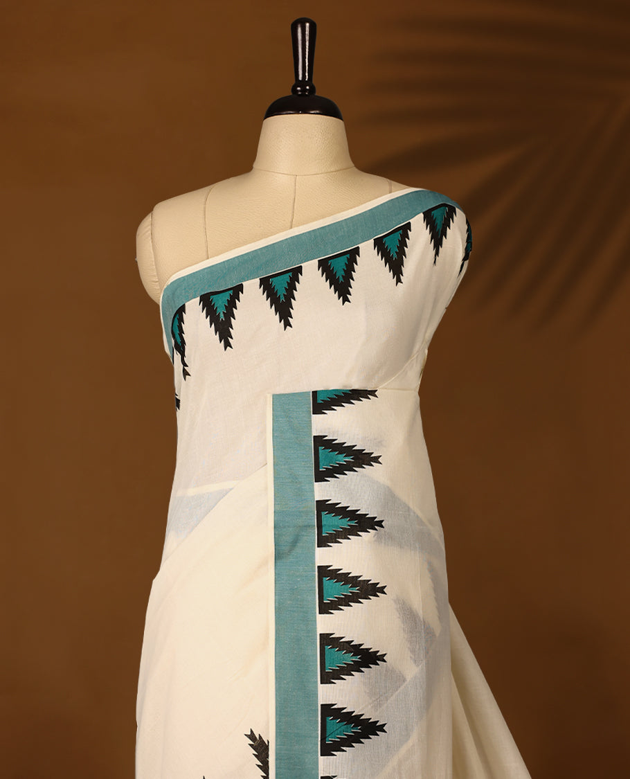 Elegant off white colour cotton Kerala saree featuring Plain body, Deep Aqua Green colour border with temple designs, Paired with matching blouse offering a classic and graceful look