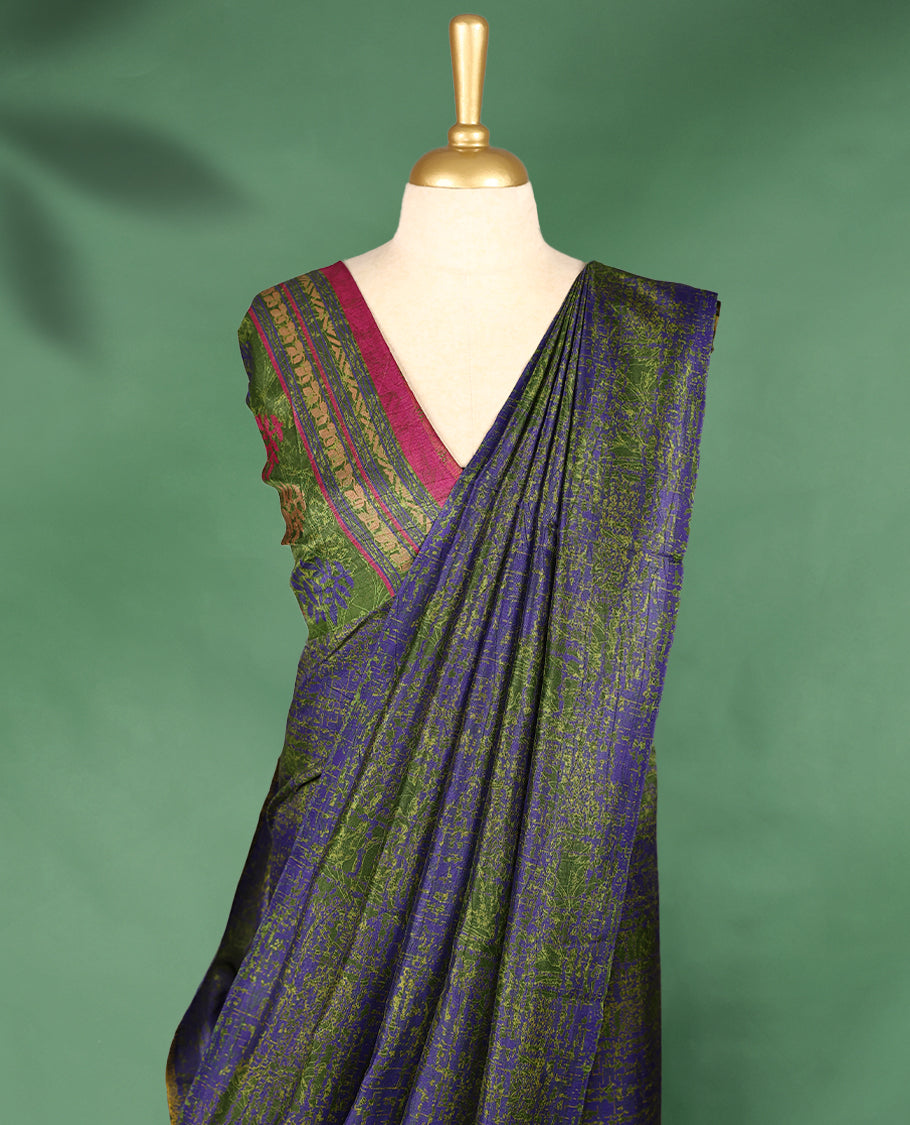 Blue Colour Manipuri saree with green abstract patterns, without border, and comes with a matching blouse.