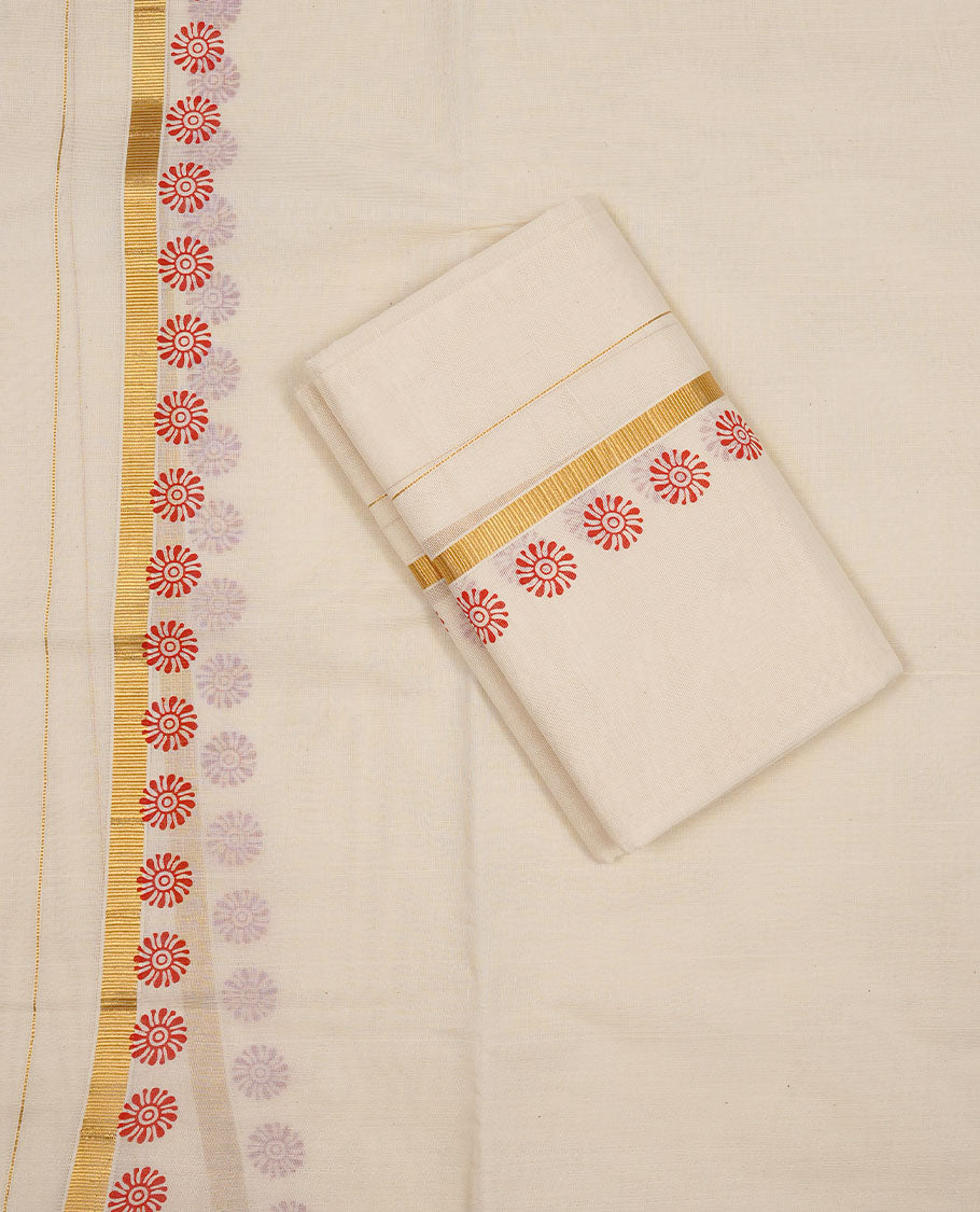 Off white colour Cotton Set Mund featuring a plain body, enhanced by a Floral print on zari border.