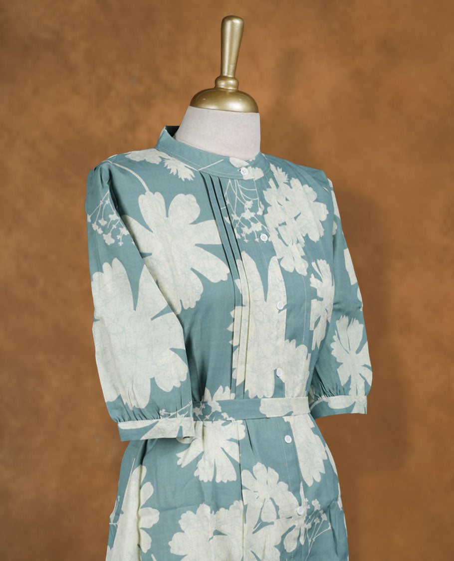 Teal blue floral printed nightwear shirt dress with band collar, pintuck detailing on the yoke, front button placket, and three-quarter sleeves