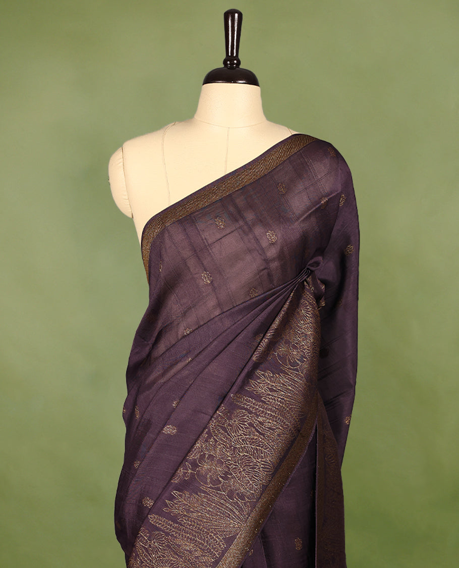 Black Currant semi-Banaras tussar georgette saree adorned with antique zari floral motifs on the body, beautifully highlighted with a pencil art garden-inspired border, paired with a matching blouse.