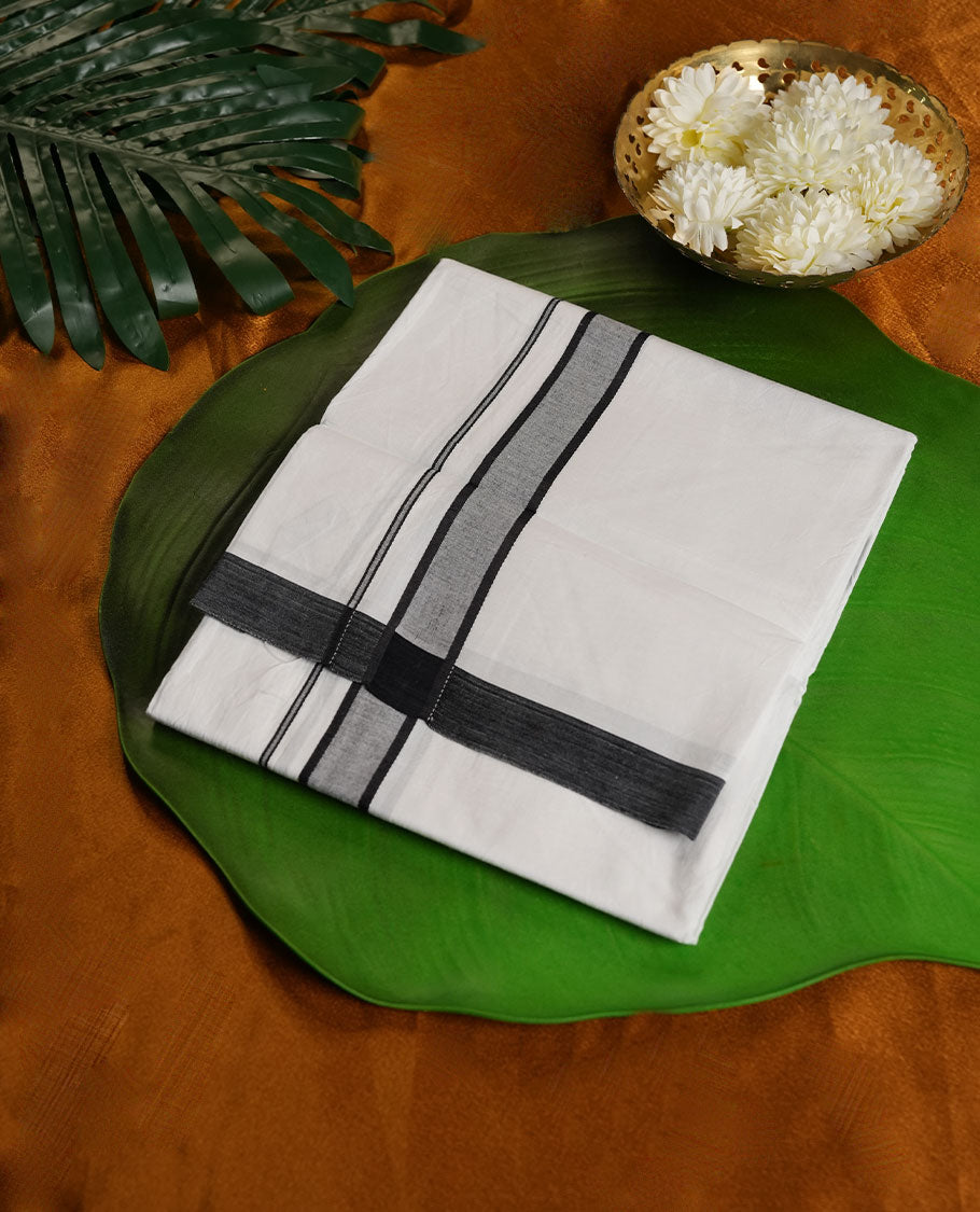 White Colour RAMRAJ Pure Cotton single Dhoti with Black and Gray Colour Border for Men