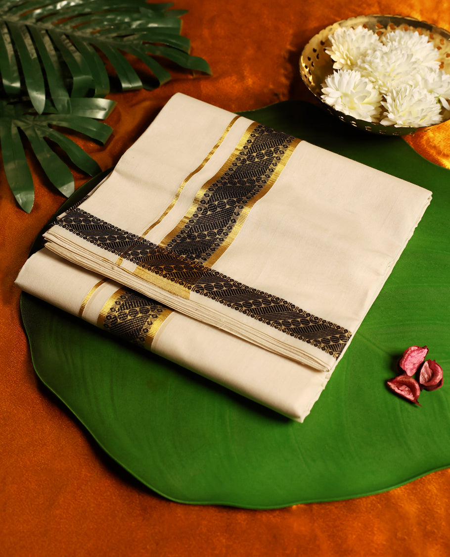 Elegant off white colour pure handloom cotton dhoti featuring an ornate black woven design bordered with golden zari, offering a perfect fusion of tradition and elegance for weddings, festivals, and cultural occasions.