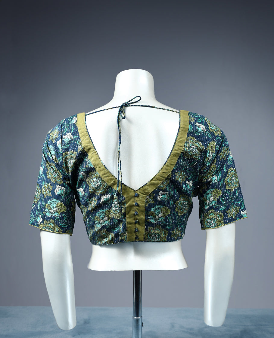 Dark Blue Colour Flower Print Curved V Neck Design 2/4th Sleeves Padded Ready Made Blouse.