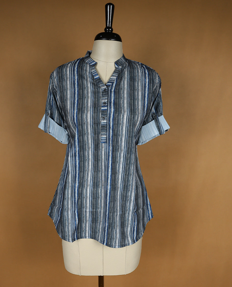 Blue Colour Readymade Top with Multi Colour Stripes For Women with 2/4th Sleeves