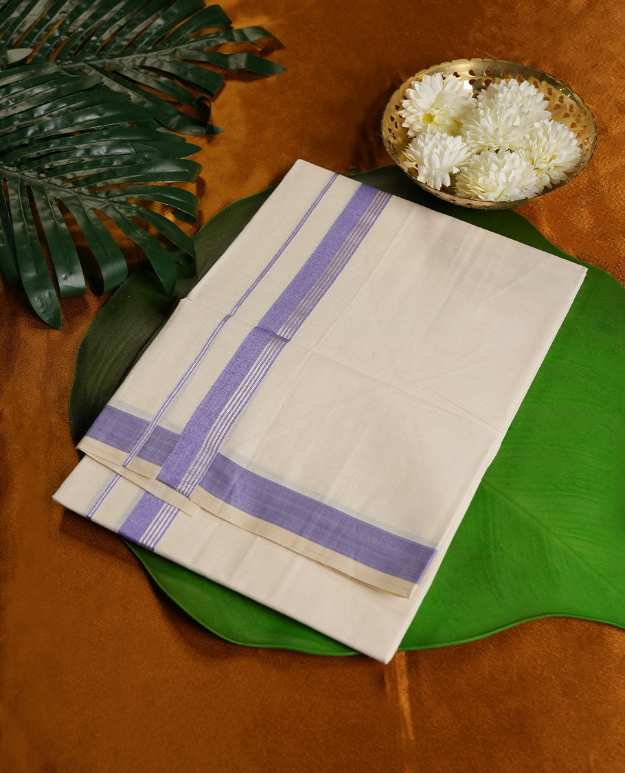 Cream Colour Pure Cotton single Dhoti with Lavender Colour Border for Men