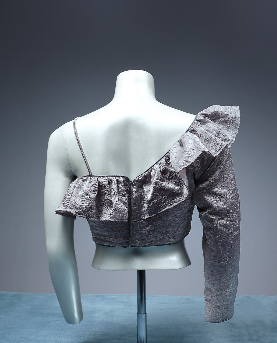 Grey Colour, Single Sleeve Frill Design, Padded, Ready Made Blouse.