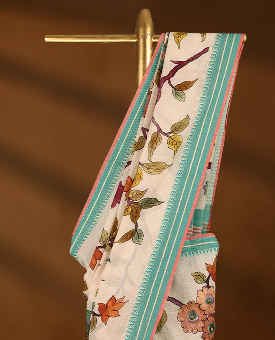 Off-white Colour lightweight khadi cotton saree featuring earthy-coloured digital floral kodi prints on the body, accented with an aqua green border, and paired with a matching blouse.
