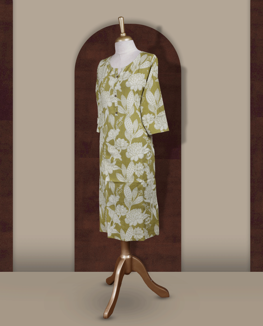 Olive yellow colour colour kurthi adorned with delicate off white floral prints, featuring a stylish V notch round neckline and comfy 3/4th sleeves & Designed in a straight cut silhouette for a graceful, everyday look.