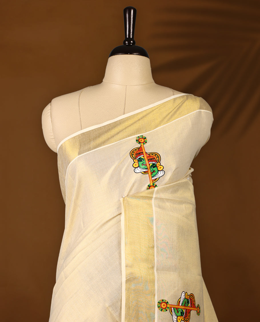 Light Gold colour Tissue Kerala saree featuring Kathakali prints on body and a beautifully woven Gold Kasavu border, paired with a matching blouse perfect for festive occasions.